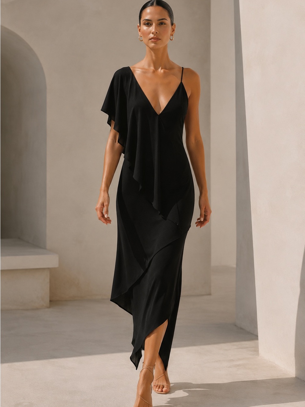 Zara ZW Collection Asymmetric Midi Dress Black One Shoulder Viscose NWT Size S
